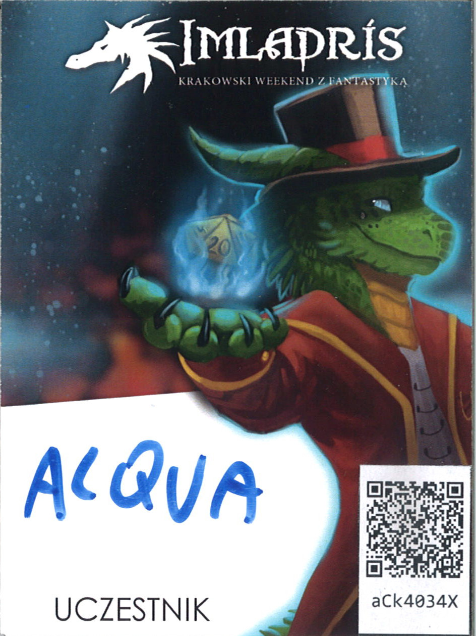 Convention badge with a dragon magician on it. On top there is a name: Imladris.