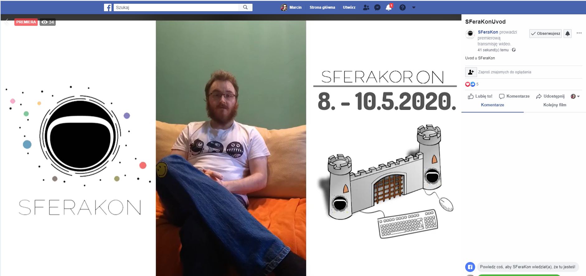 Screenshot from facebook live stream. On the left there is astronaut's helmet and SFERAKON name, in the middle there is a man sitting on the couch. To the right there is convention name and date and below picture of city wall with keyboard connected to it. Lastly there is facebook chat visible.