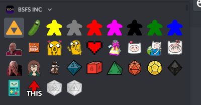 A set of icons from Discord. It features pickle Rick, a few meeples in different colours, a few different dice, dalek and more.