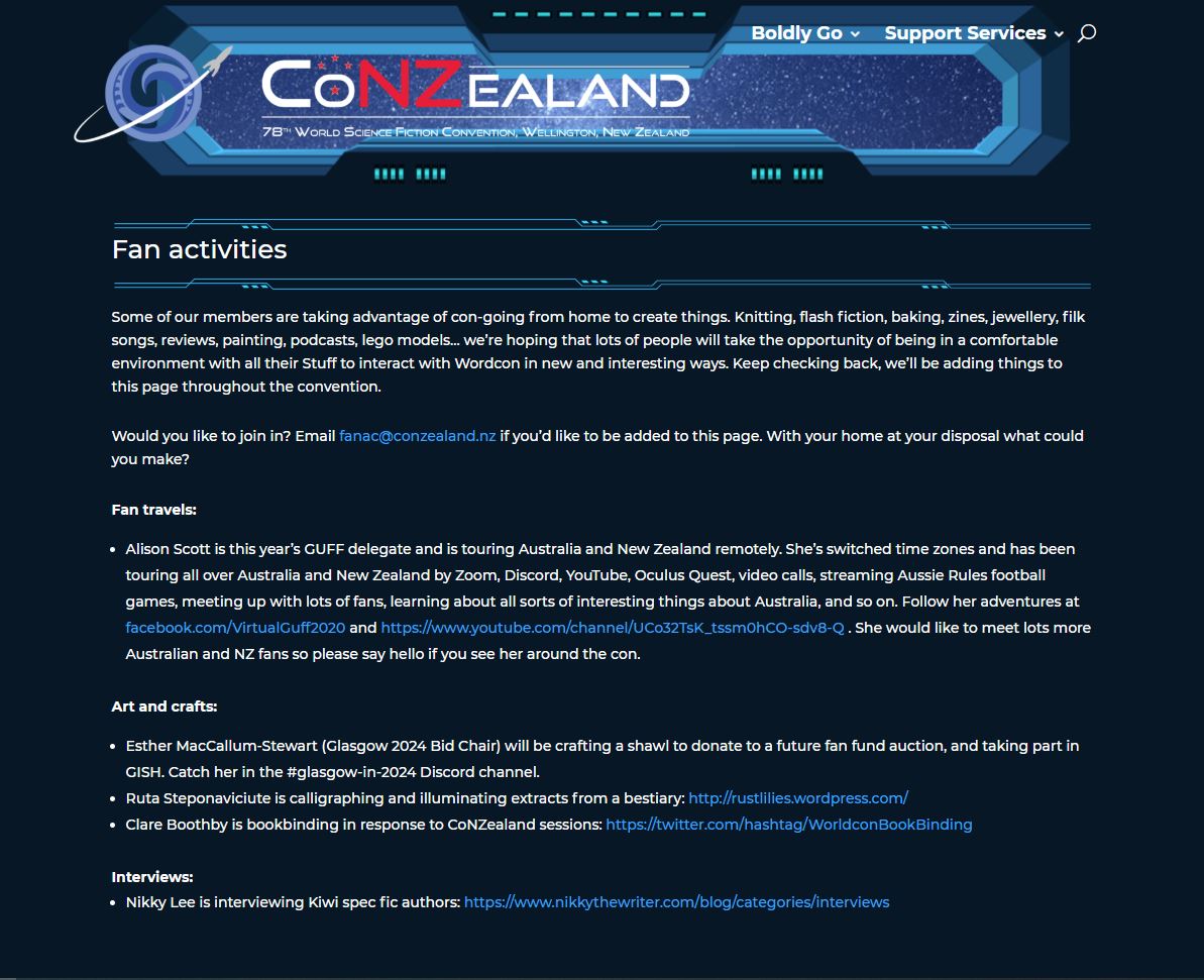 Screenshot from the website. On top there is convention logo and below is a section called 'Fan activities'.