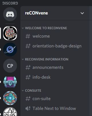 Screenshot showing first few channels in reCONvene Discord server.
