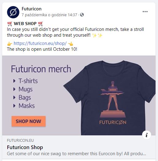 Screenshot from Futuricon facebook. It advertises Futuricon show. The picture shows t-shirt with man holding a rocket and name of the convention.