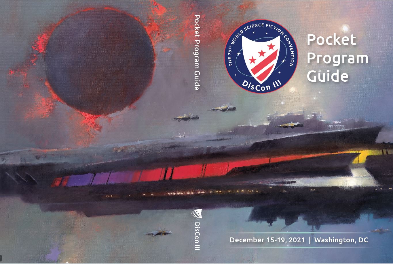 Front and back cover of the Pocket Program Guide. Cover depicts a piece of art showig a huge spaceship near a planet or moon. It is surrounded by a few smaller vessels.