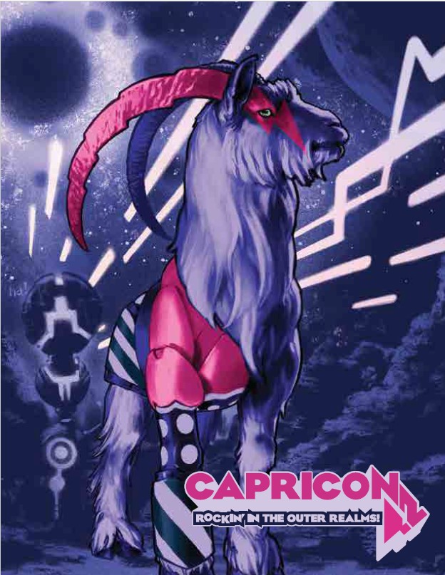 Picture uses mainly violet and pink colours. It depicts a capricorn on some SF related backround. The text on the cover states 'Capricon 42 Rockin' In The Outer Realms!'. 