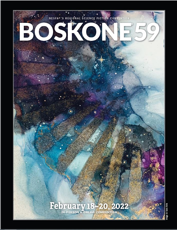A cover featuring the picture looking like a galaxy covered a bit with clouds. On top there is convention name: 'Boskone 59' and in the bottom date 'February 18-20, 2022'.