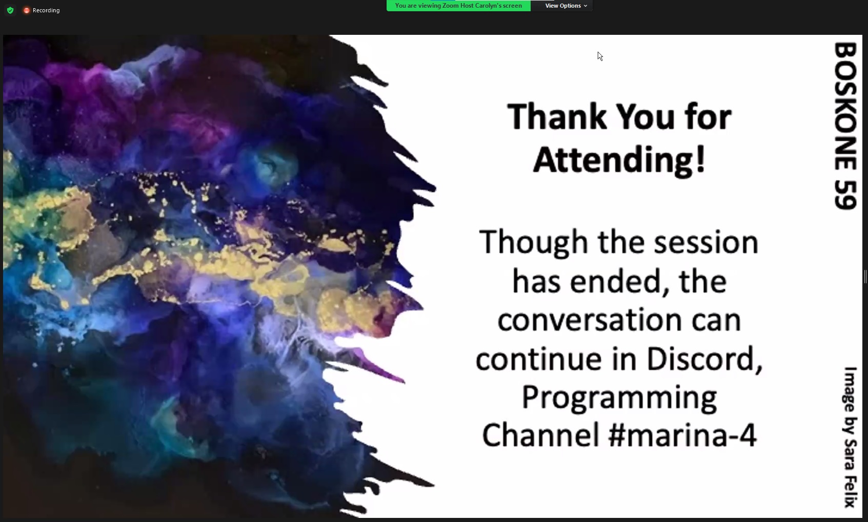 Picture thanking ffor attending a panel. To the lefts there is a  shape in blue, violet, yellow and green colours. To the right there is thanking for attendance and informing where the discussion may be continued.