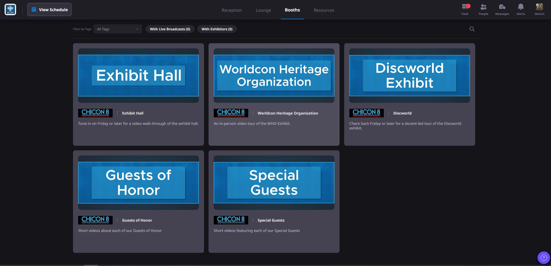 Screenshot from Airmeet. It shows five rectangular section. Each has a white title in the blue box and below Chicon 8 logo and some more text. The sections are: 'Exhibit Hall', 'Worldcon heritage Organziation', 'Discworld Exhibit', 'Guests of Honor', and 'Special Guests'.