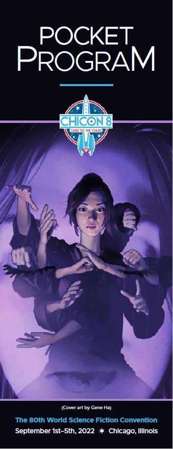 Cover of Pocket Programme. It shows the name of the publication, Chicon 8 logo, and a picture of a person with multiple hands. Picture was drawn in the shades of violet.
