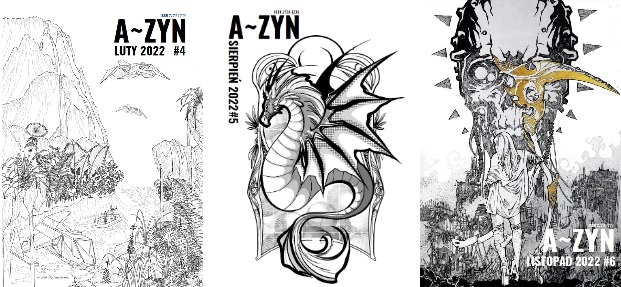 Three covers of a fanzine. First one shows some airships above a mountain river. Second one shows a dragon. The last one shows a woman with a golden scythe in front of a skull. All three have the name 'A~Zyn'.