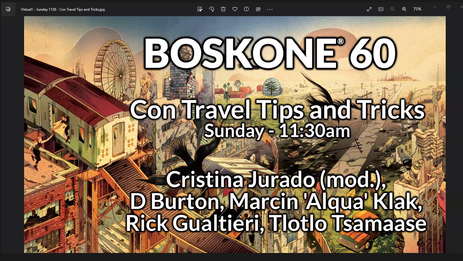 A screenshot taken in the Zoom Application. It shows a panel bumber with a lot of text. The biggest reads 'Boskone 60'. Below is the panel name, time and list of panellists.