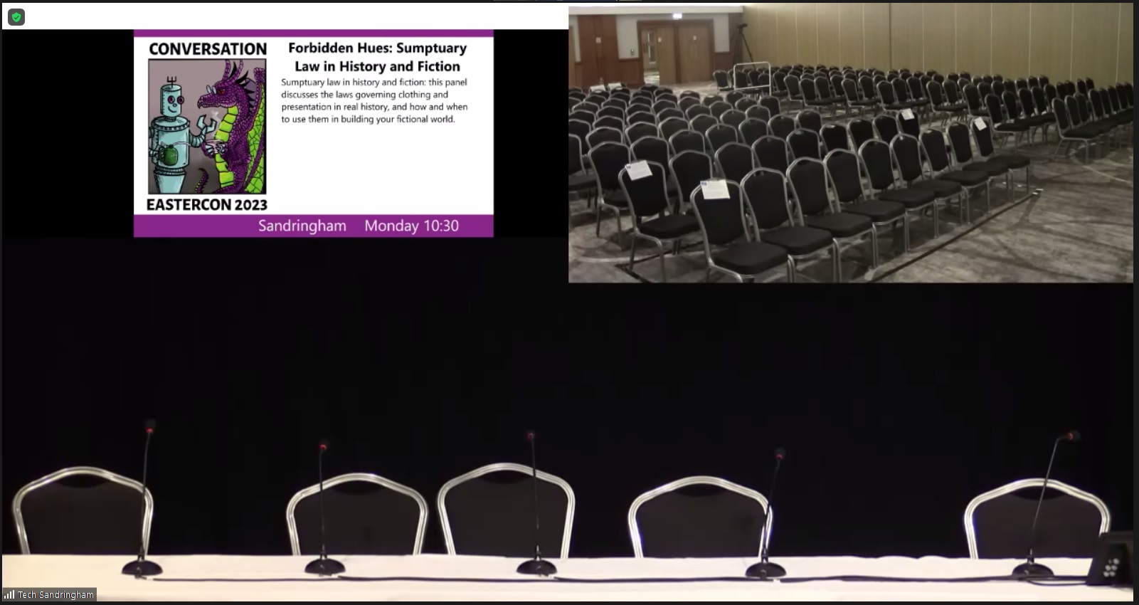 Picture shows a collage of three parts. Top left corner shows the convention logo and text about the programme item. Top right corner shows a mini feed from the empty conference room. Bottom is a close up at five chairs behind the speakers' table.