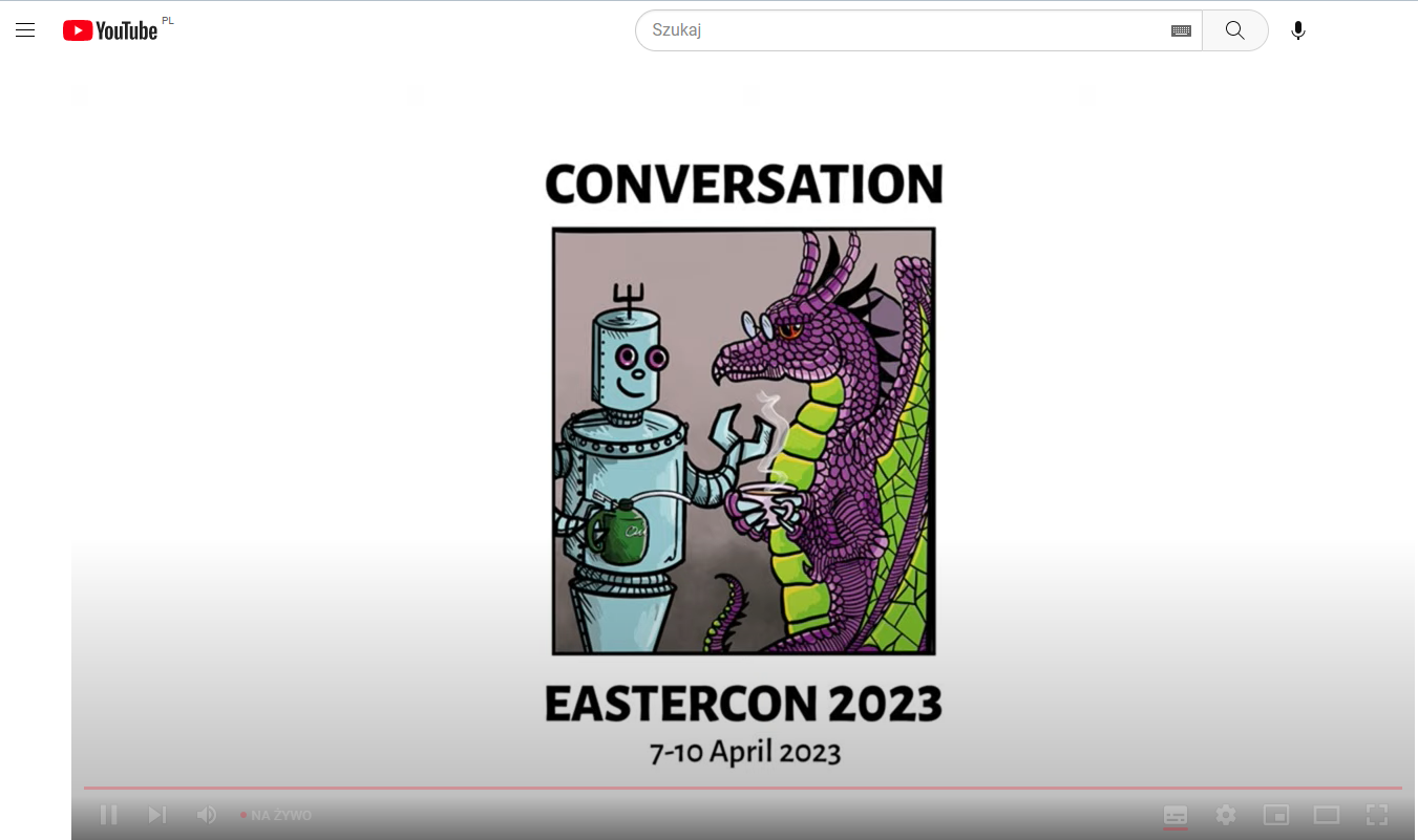 Screenshot showing a frame on YouTube. In the center there is a picture of a robot and a dragon. Above is the name of the con 'Conversation' and below 'Eastercon 2023' and in a smaller font '7-10 April 2023'.