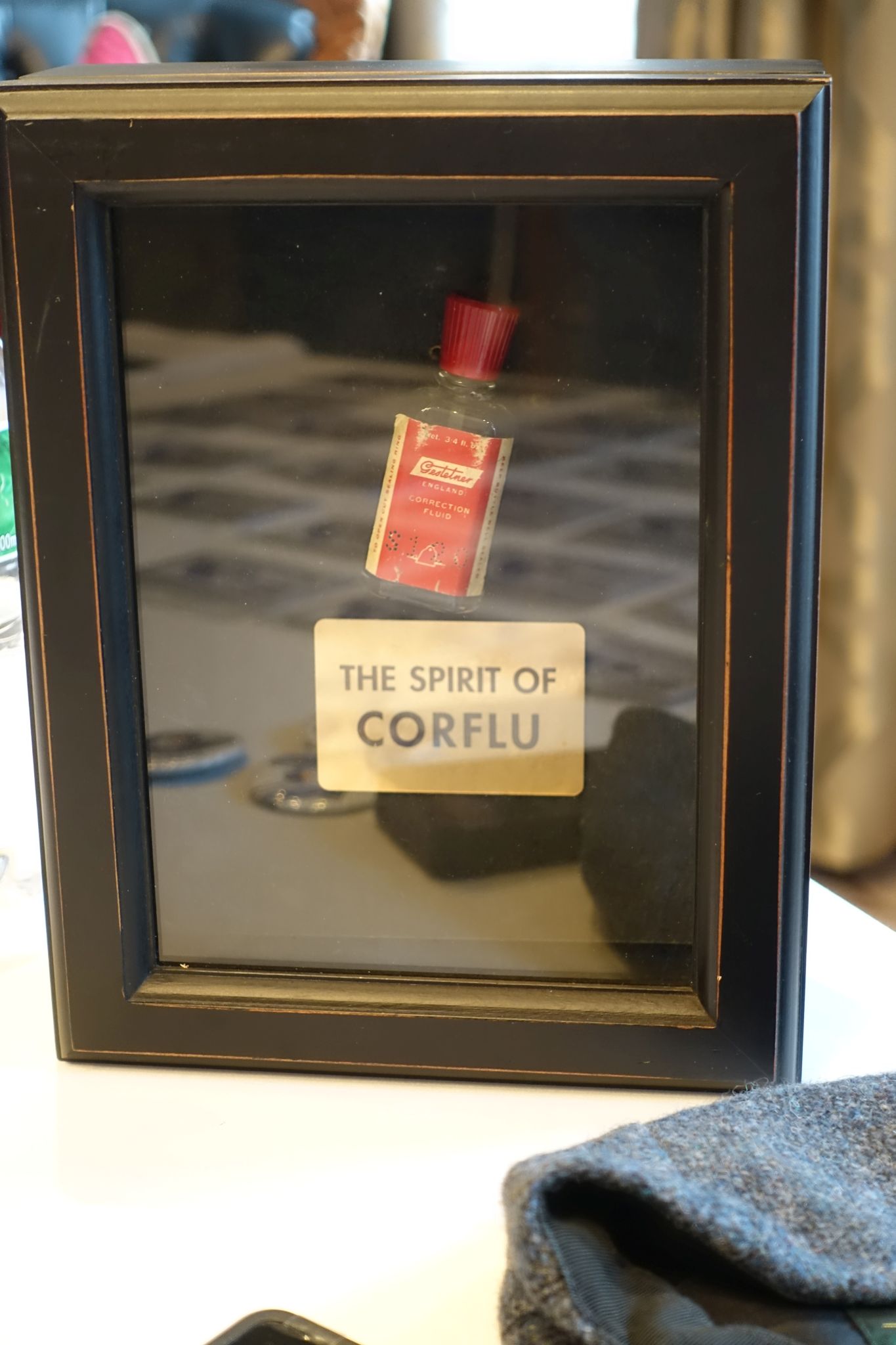 A bottle of Correction Fluid placed in the frame. There is a plaque below that reads 'The Spirit of Corflu'.