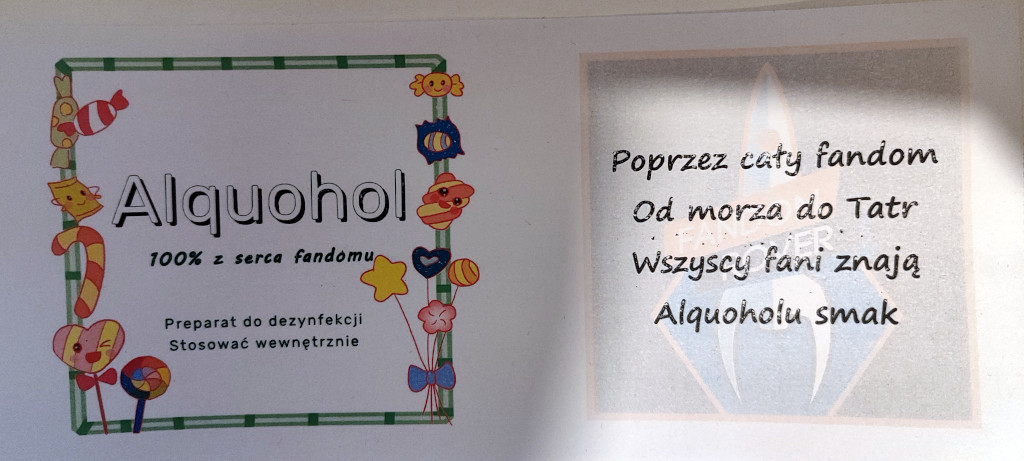 A sticker with two panels. Firs has big name 'Alquohol' and smaller text below. It is ina  frame with candies pictures. Second panel shows Fandom Rover logo and a short poem in Polish.