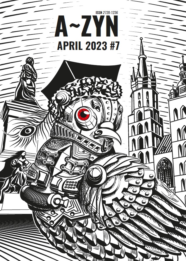A black and white drawing of a cyber pigeon. The pigeon wears traditional Krakow's hat with a peacock feather. Behind the pigeon there is a monument of Adam Mickiewicz and Saint Mary Church. Pigeon's eye is red and is the only coloured element of the picture.